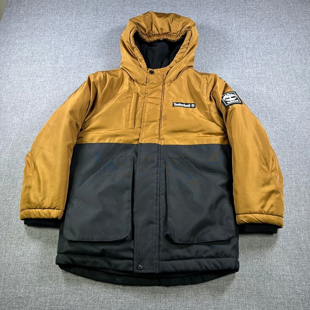 Timberland Mens Wheat Black Colorblock Hooded Winter Parka Jacket Small